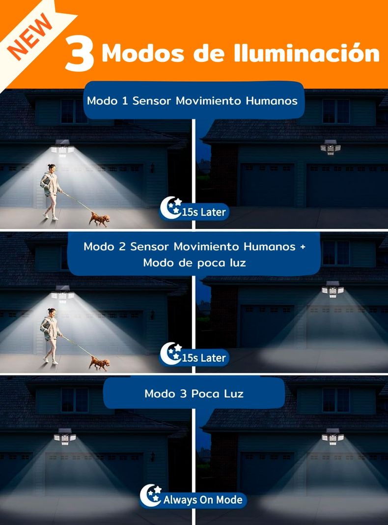 Foco led solar exterior 4 direcciones sensor control luz cálida-5