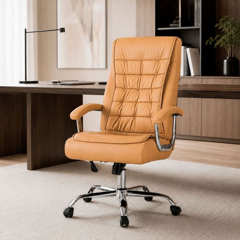Silla Ejecutiva Magnus Caramelo con Respaldo Alto Acolchado, Ruedas y Base Cromada para Oficina