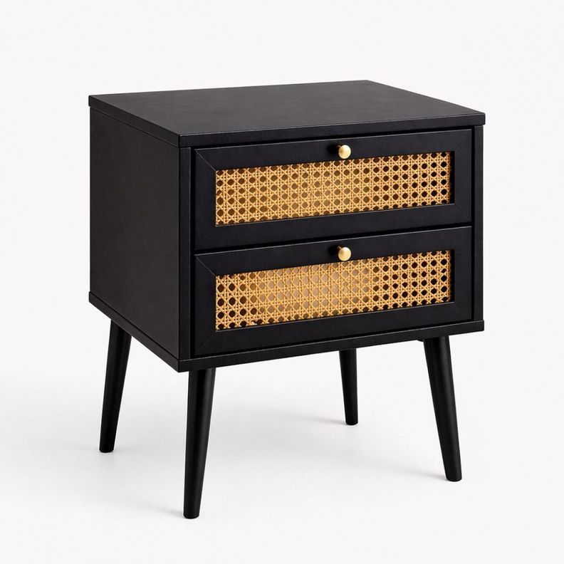 Velador Negro 2 Cajones Con Rattan 40x40x62 Cm Negro [ 1 ]