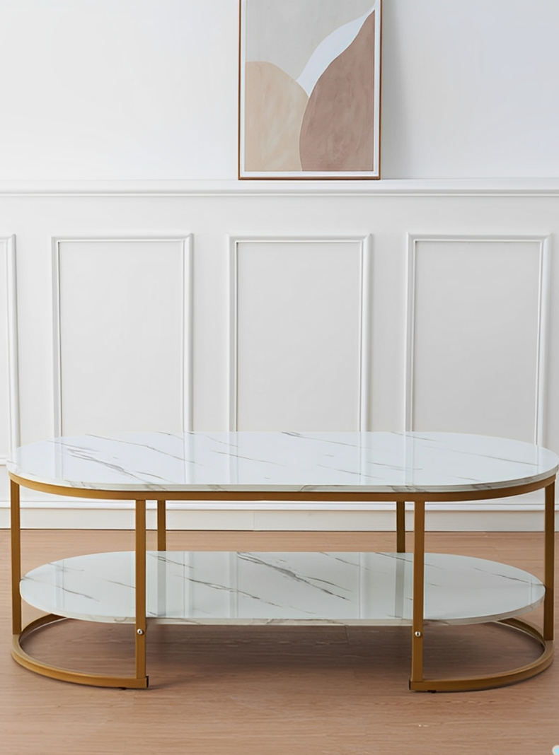 Mesa de Centro de Lujo 2 Niveles estilo Mármol brillante y Base Metálica tipo oro-4
