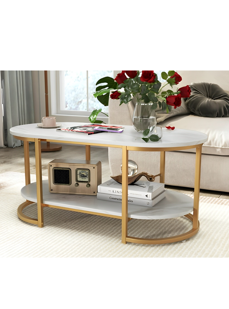 Mesa de Centro de Lujo 2 Niveles estilo Mármol brillante y Base Metálica tipo oro-5