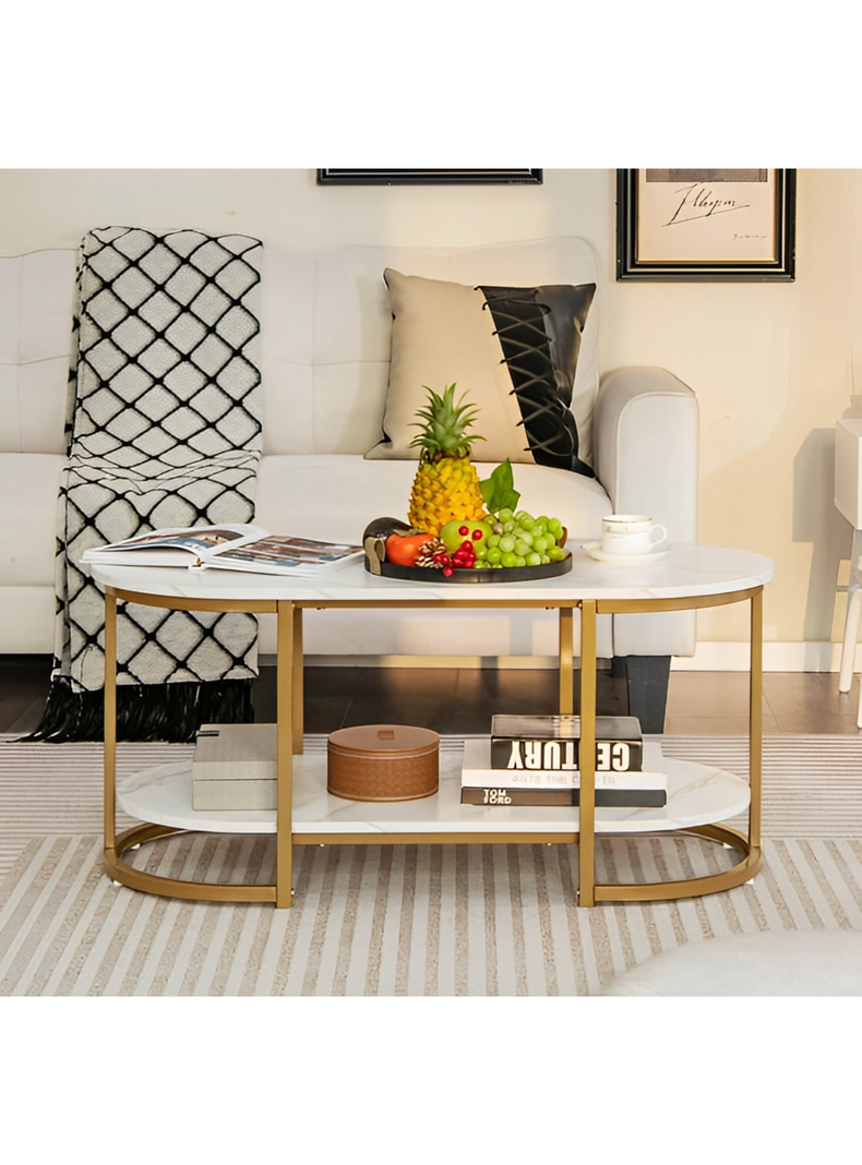 Mesa de Centro de Lujo 2 Niveles estilo Mármol brillante y Base Metálica tipo oro-6