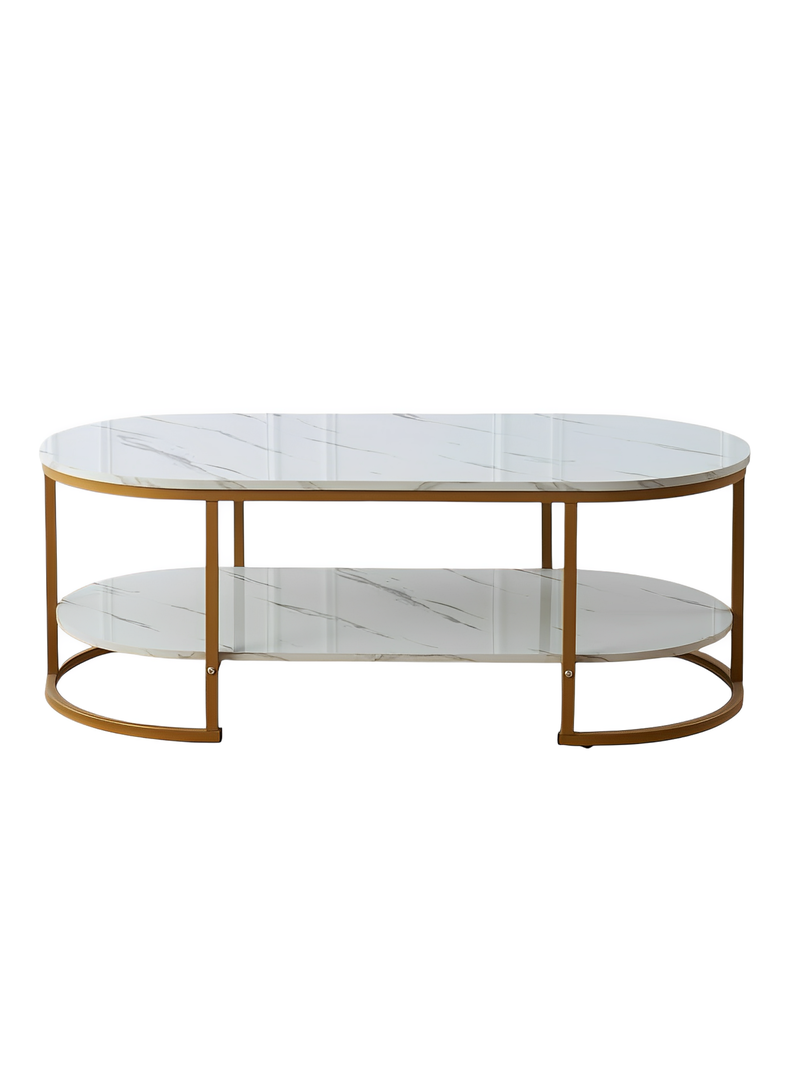 Mesa de Centro de Lujo 2 Niveles estilo Mármol brillante y Base Metálica tipo oro-0