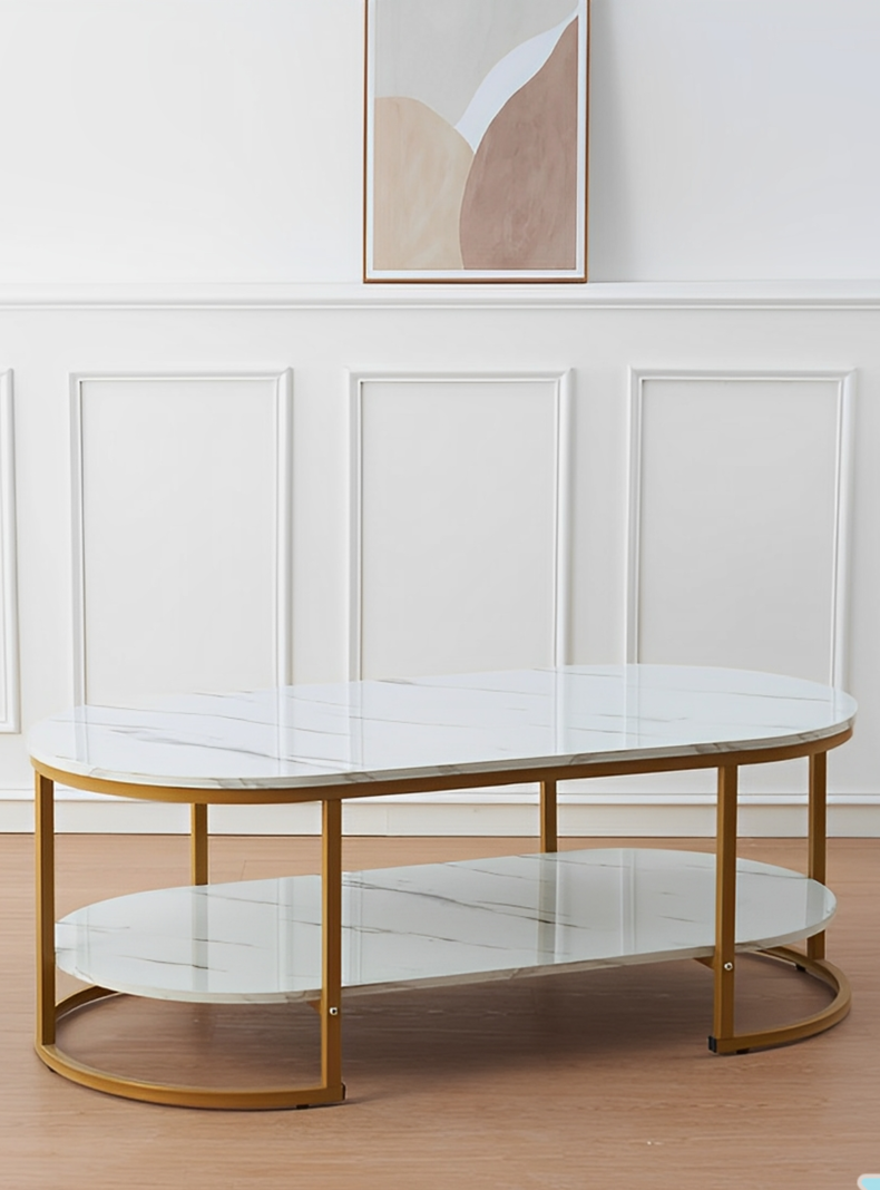 Mesa de Centro de Lujo 2 Niveles estilo Mármol brillante y Base Metálica tipo oro-2