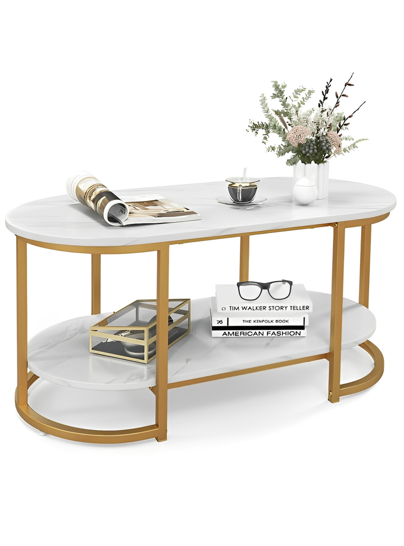 Mesa de Centro de Lujo 2 Niveles estilo Mármol brillante y Base Metálica tipo oro-3