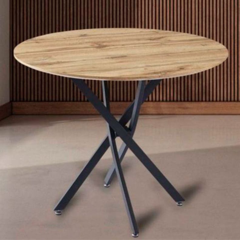 MESA DE COMEDOR REDONDA SUPERFICIE DE MDF Y MELAMINA INDUSTRIAL CROS 100CM CON BASE METALICA NEGRA-2
