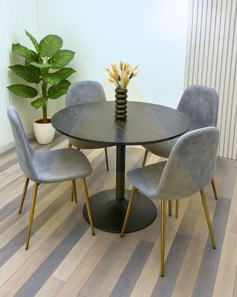 COMEDOR 4 PUESTOS MESA 100CM SIMIL MARMOL NEGRA