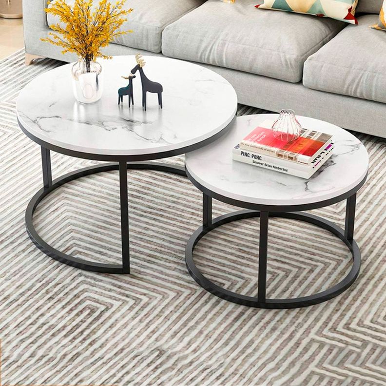 MESA DE CENTRO ESTILO MODERNO TIPO NIDO BLANCO Y NEGRO CON TOPE SIMIL MARMOL-1