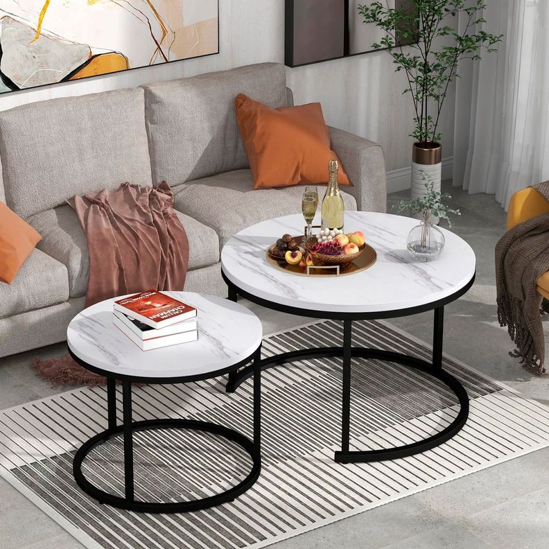 MESA DE CENTRO ESTILO MODERNO TIPO NIDO BLANCO Y NEGRO CON TOPE SIMIL MARMOL-2