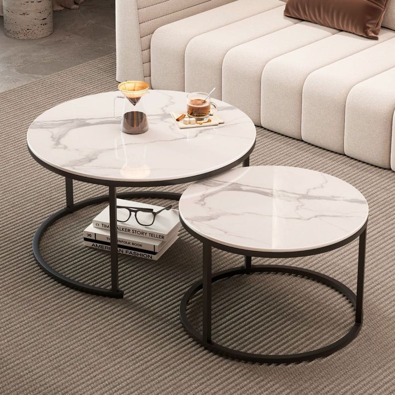 MESA DE CENTRO ESTILO MODERNO TIPO NIDO BLANCO Y NEGRO CON TOPE SIMIL MARMOL-3