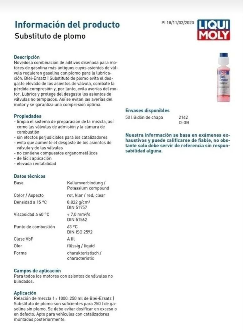 Sustituto De Plomo Bencinero Lead Substitute marca Liqui Moly 250ml-1