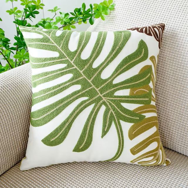 Funda para Cojín Algodón y Lino 45x45 CM Tulum Bordado Hojas Crudo-0