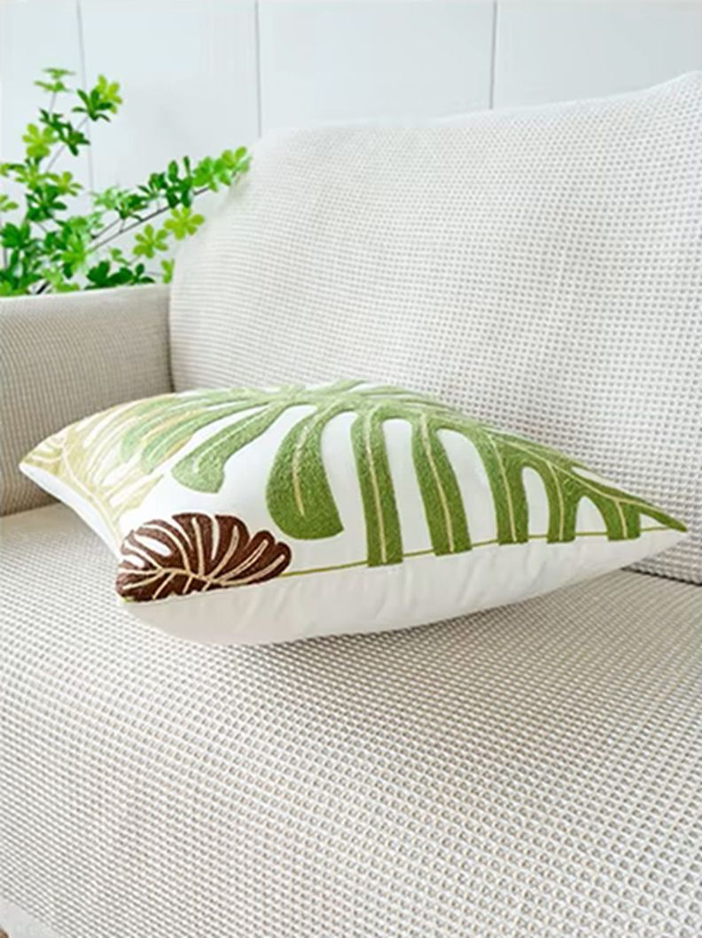 Funda para Cojín Algodón y Lino 45x45 CM Tulum Bordado Hojas Crudo-2