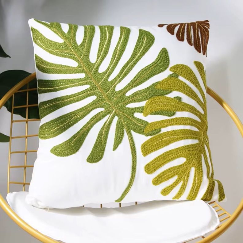 Funda para Cojín Algodón y Lino 45x45 CM Tulum Bordado Hojas Crudo-3