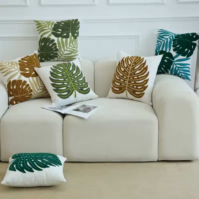 Pack 2 Fundas para Cojín Algodón 45x45 CM Río Bordado Hoja Crudo-1
