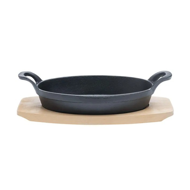 Sarten Hierro Ovalado Con Base Madera 20X10X3 Cm Cafe Claro
