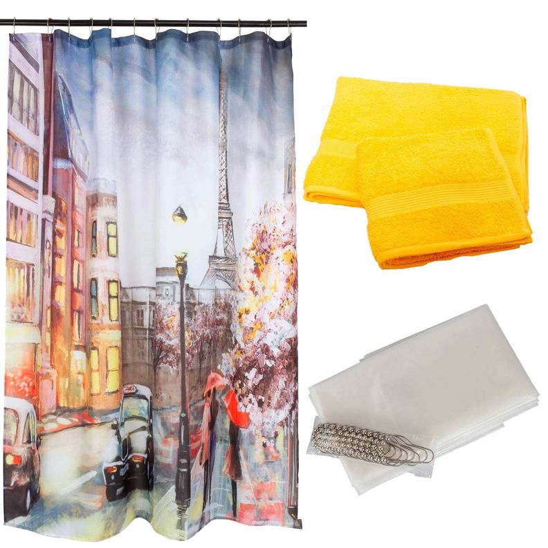Set  Cortina Baño Paris Taxi + Juego de Toallas amarillo-0