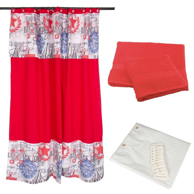 Set  Cortina Baño Marine Bicolor Rojo+ Juego de Toallas Rojo-0