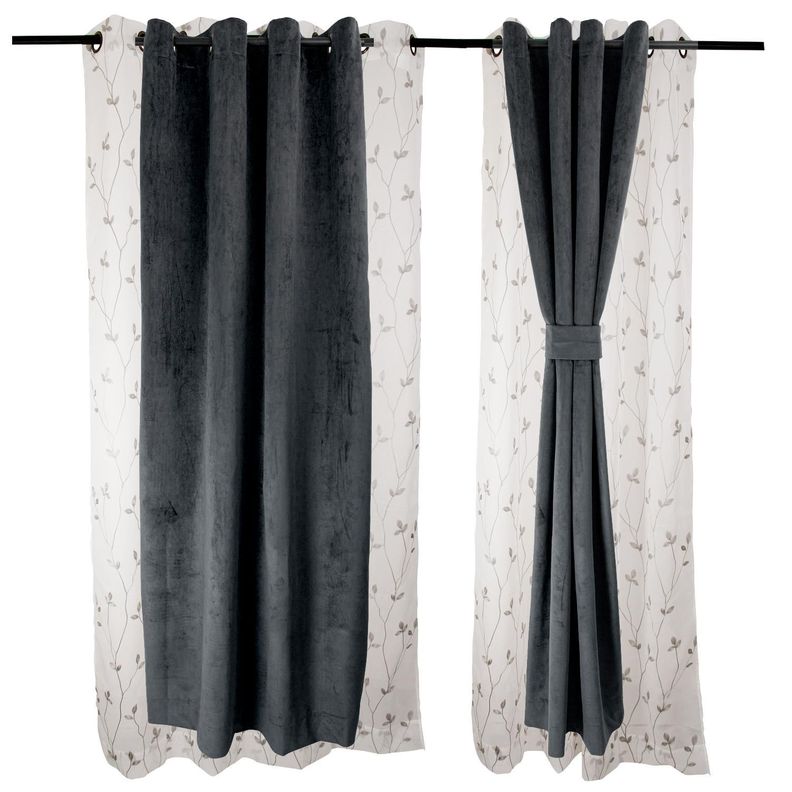 Set Cortinas 4 pzas New Velvet -Velo Bordado Gris-0
