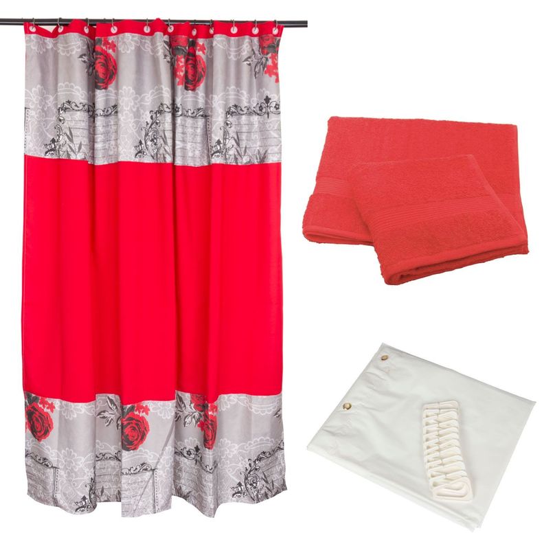 Combo Cortina Baño Rosas Bicolor Rojo + Juego de Toallas Rojo-0