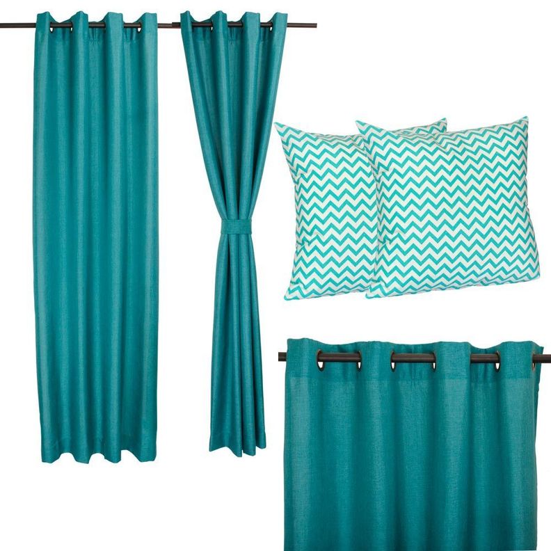 Set Cortina Mati 1,40x225 cm  + 2 cojines 50x50 cm Turquesa  -0