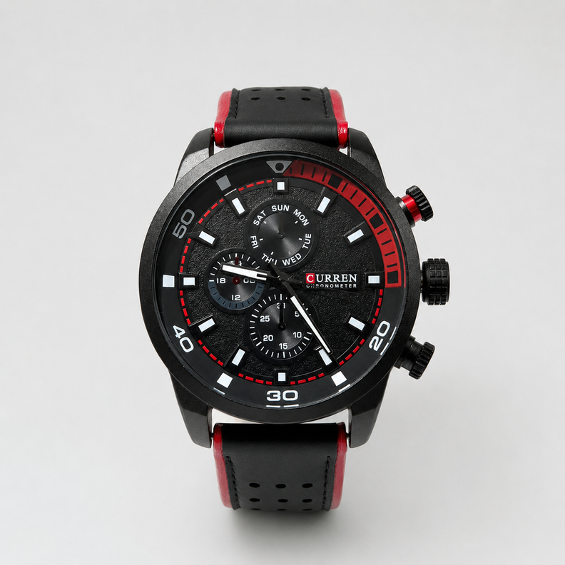 Reloj Curren para caballero 8250-3 Cuero negro con detalles rojos