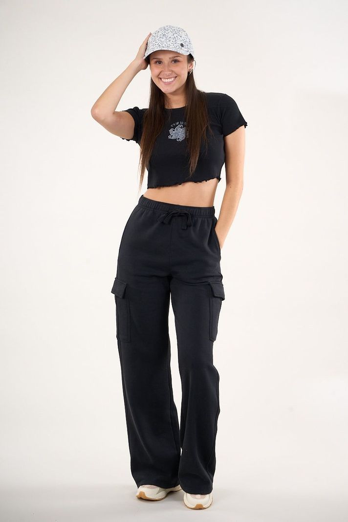 Pantalon Franela Cargo Wide Leg Negro VW4726 Mujer Polemic-0