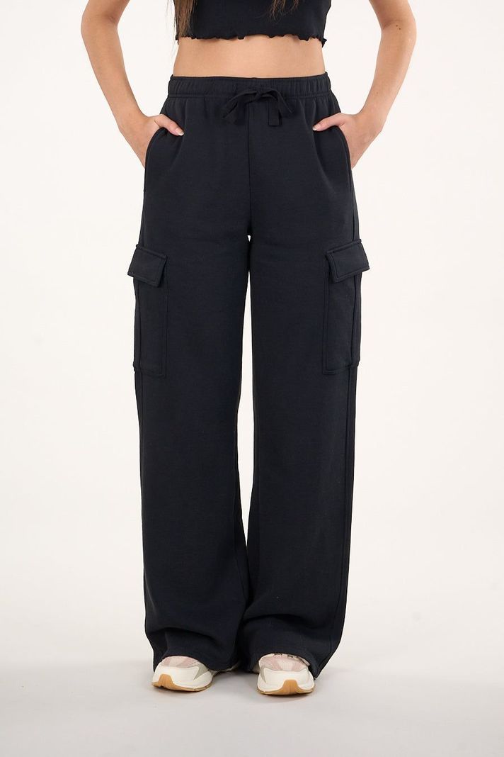 Pantalon Franela Cargo Wide Leg Negro VW4726 Mujer Polemic-2