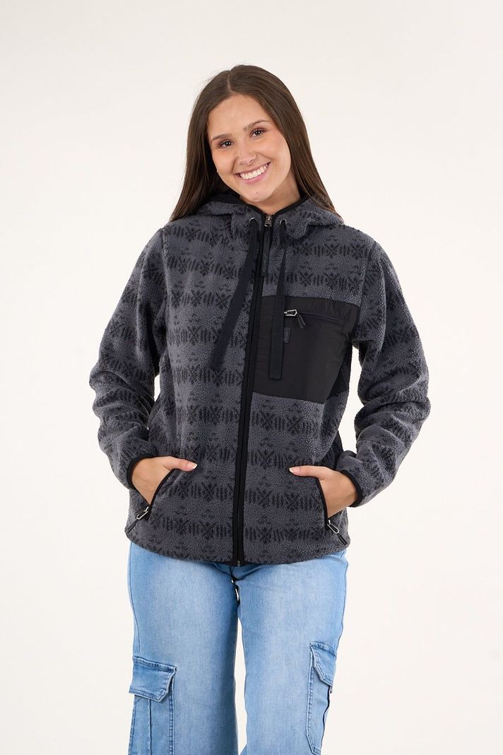 Poleron polar full print look sherpa con gorro Gris mujer Polemic-0