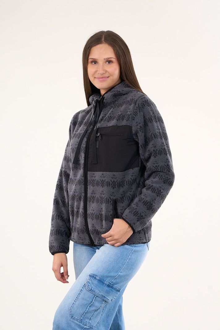 Poleron polar full print look sherpa con gorro Gris mujer Polemic-1
