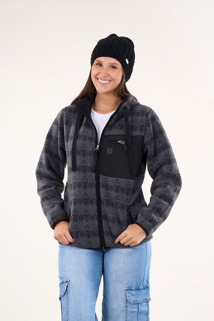Poleron polar full print look sherpa con gorro Gris mujer Polemic-4
