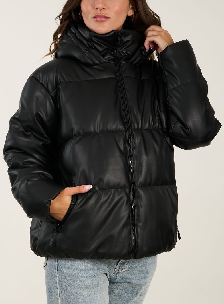 Parka Puffa P.U Cuello Alto Y Capucha Negro Polemic-1