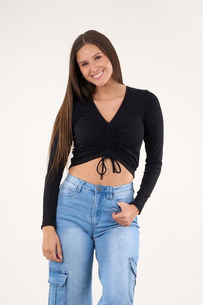 Polera manga larga Rib con centro recogido Negro VW1772 Polemic-0