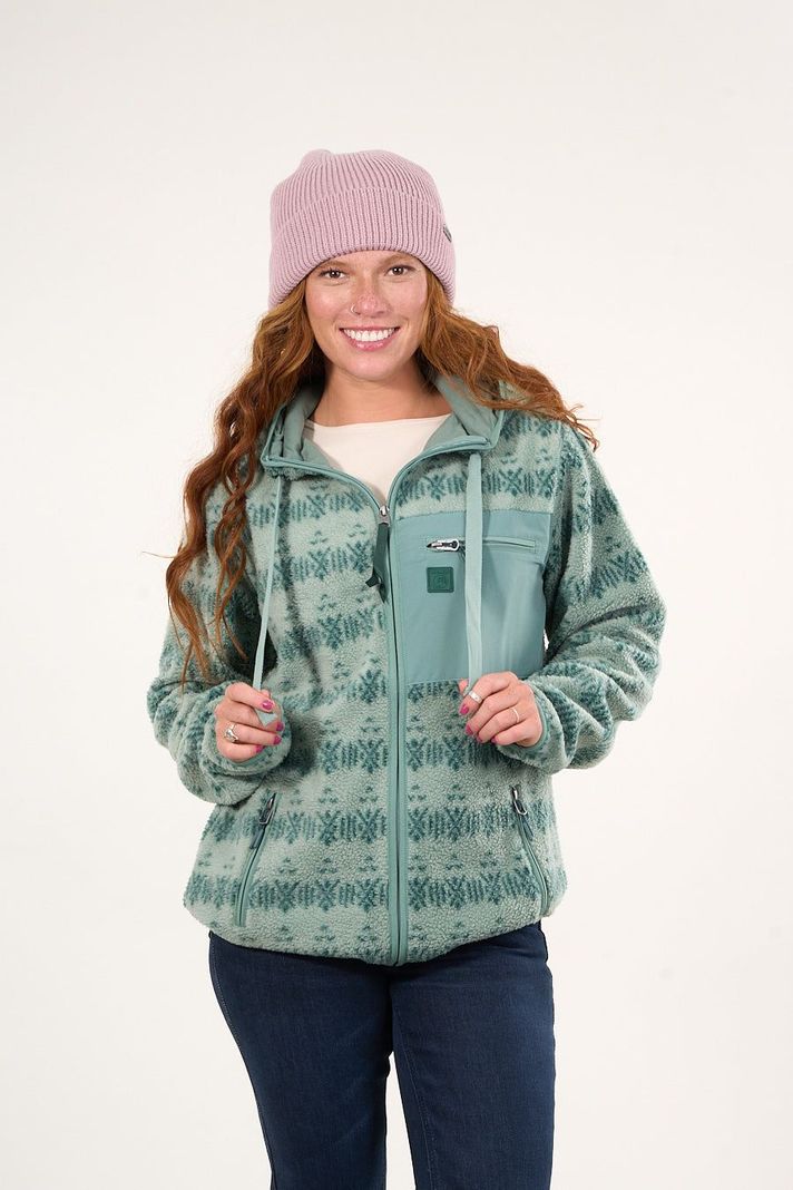 Poleron polar full print look sherpa con gorro Verde mujer Polemic-4
