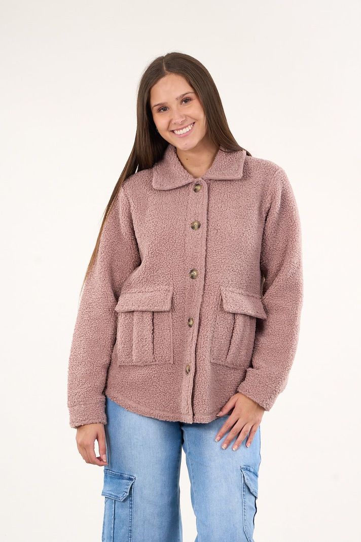 Sobrecamisa sherpa con bolsillos cargo Palo Rosa mujer Polemic-0