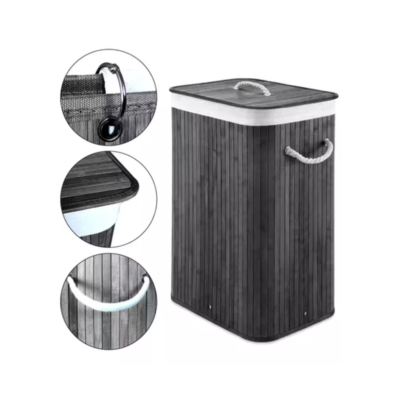Cesto Canasto Ropa Sucia Bambu Whitmor 60Cm Con Tapa Y Asa Negra-1