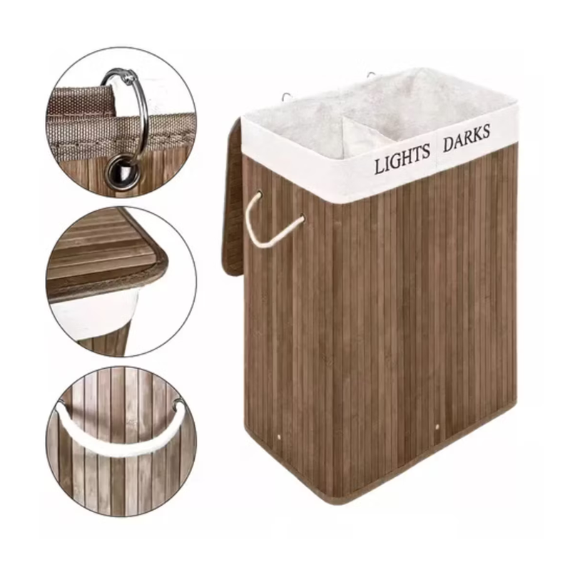 Cesto Canasto De Bambu Para Ropa Doble 65cm Grande Con Tapa Oscuro-1
