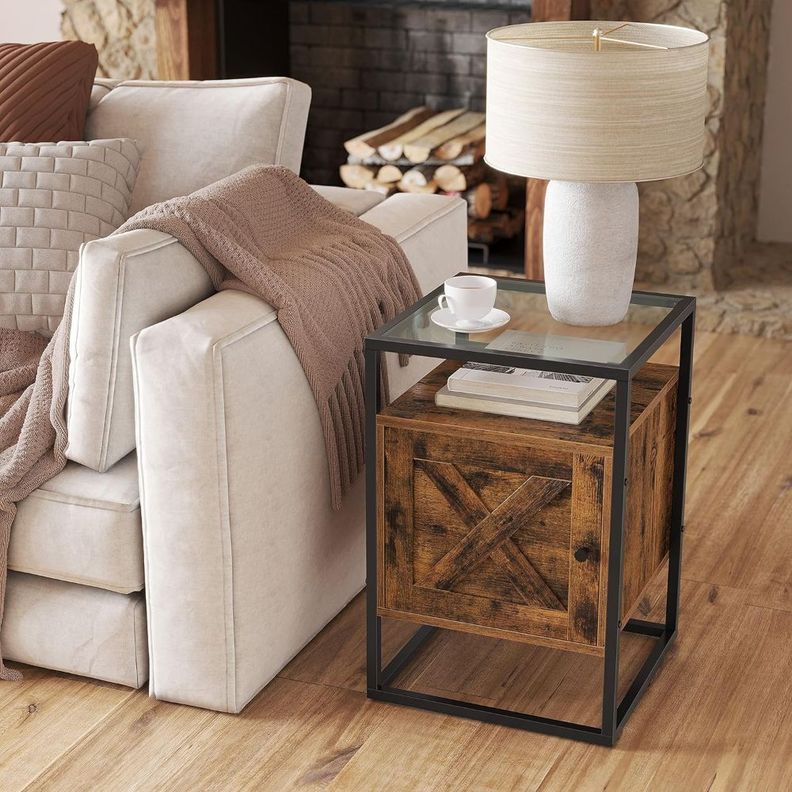 Mesa Lateral Auxiliar Velador Madera y Vidrio Bettna-1
