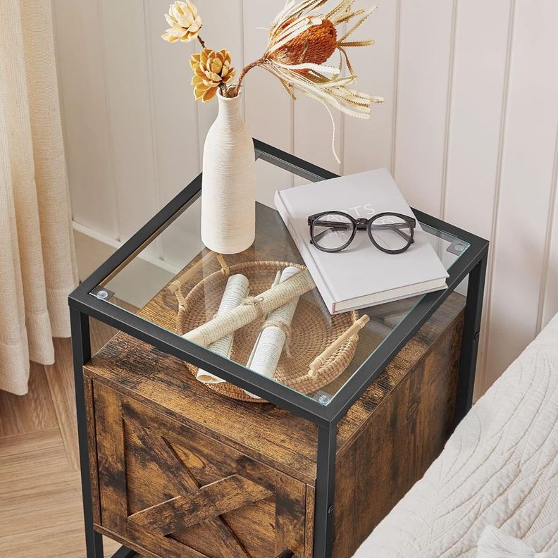 Mesa Lateral Auxiliar Velador Madera y Vidrio Bettna-7