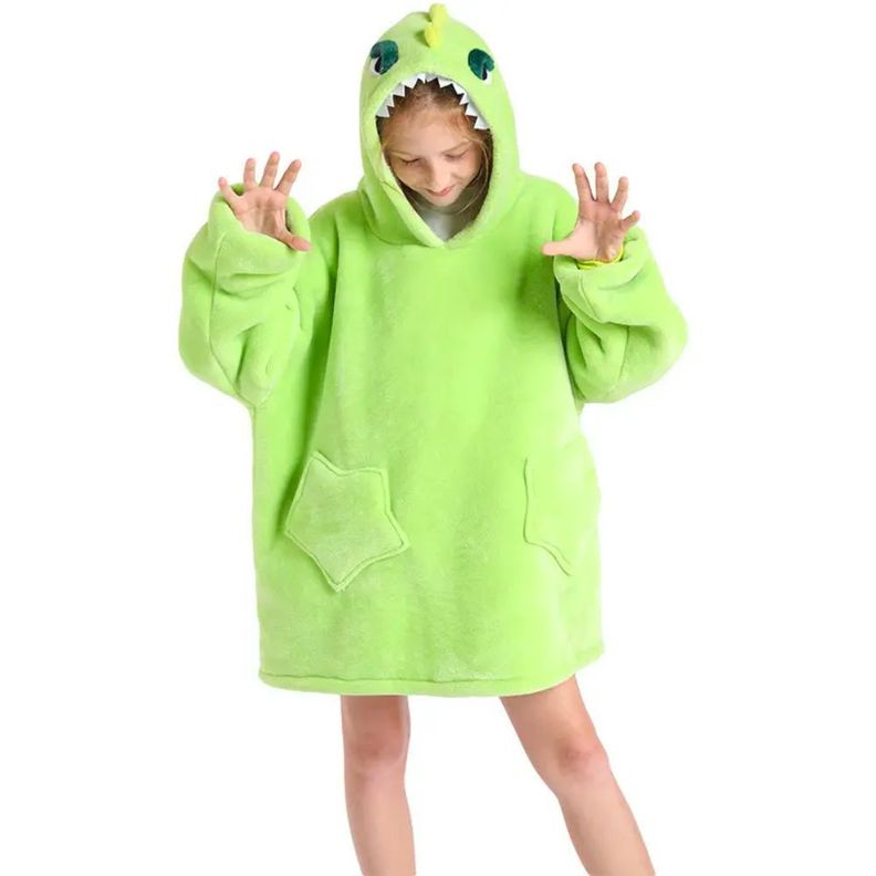 Manta con Capucha Suave Poncho Poleron Niño Verde Dinosaurio-0