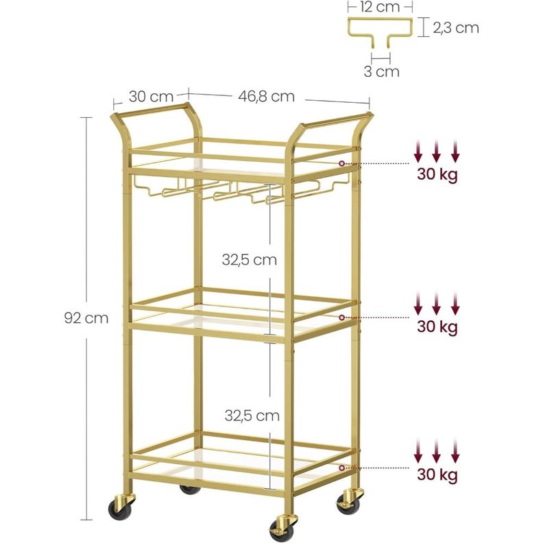 Carro Auxiliar Organizador Bar Cocina 3 Niveles Dorado Reika-2