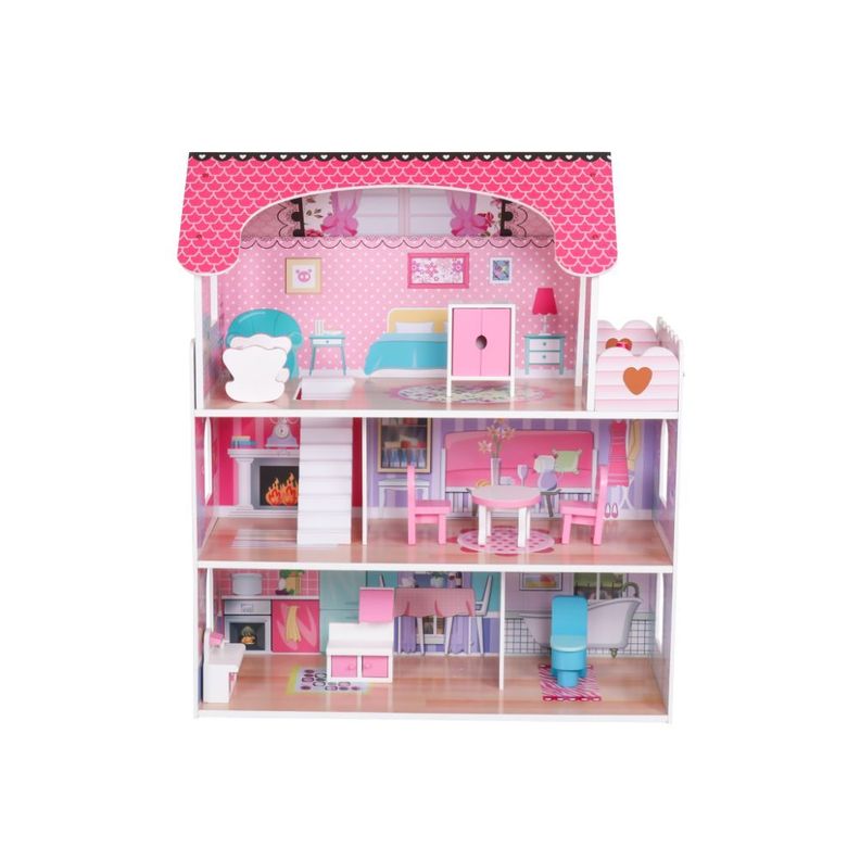 Casa de Muñecas Clásica de Madera Rosada con Accesorios-2