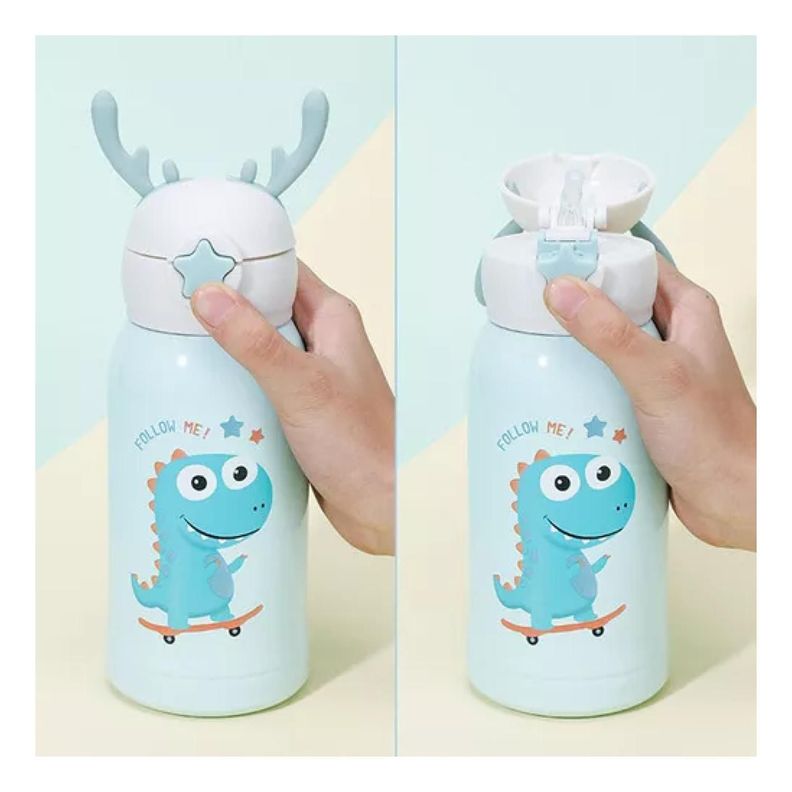 Botella De Agua Portatil 500ml Dino Kawaii Azul Infantil-3