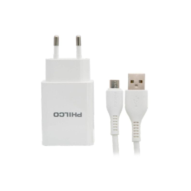 Cargador De Pared 2 USB 2.1A Cable Micro USB Blanco Philco