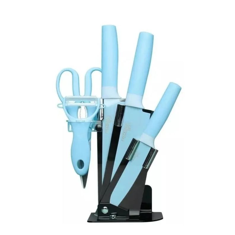 Set De 6 Piezas Inoxidables Cuchillos Tijeras Pelador Azul-0