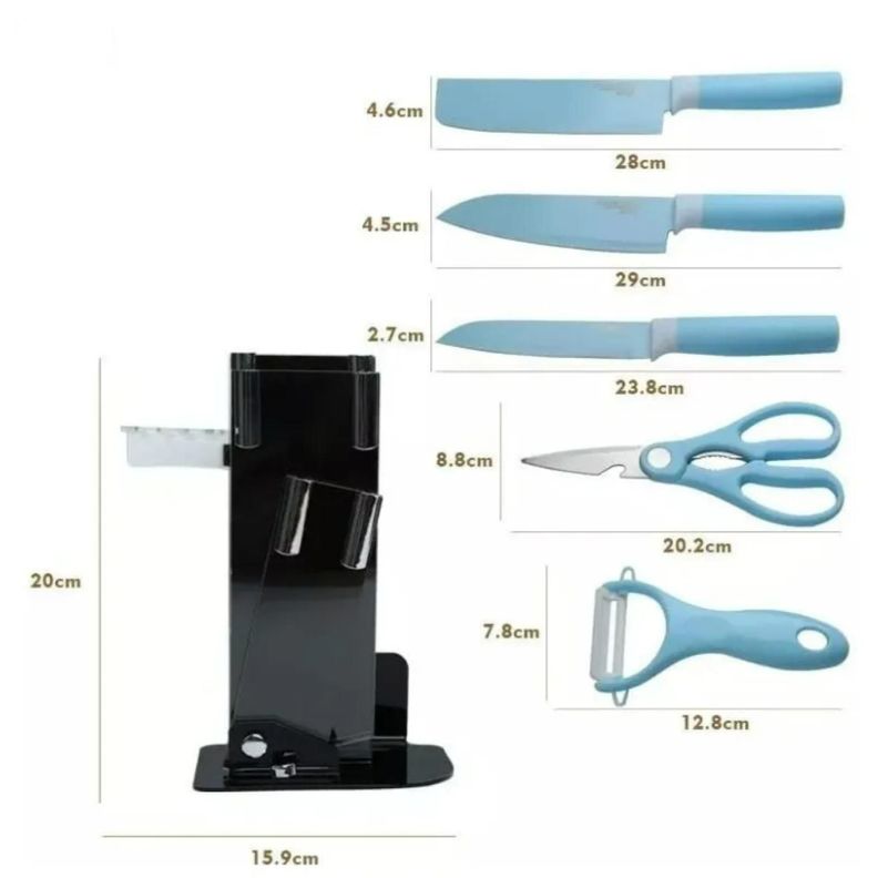 Set De 6 Piezas Inoxidables Cuchillos Tijeras Pelador Azul-2