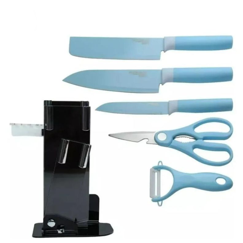 Set De 6 Piezas Inoxidables Cuchillos Tijeras Pelador Azul-1