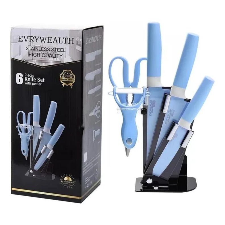 Set De 6 Piezas Inoxidables Cuchillos Tijeras Pelador Azul-3