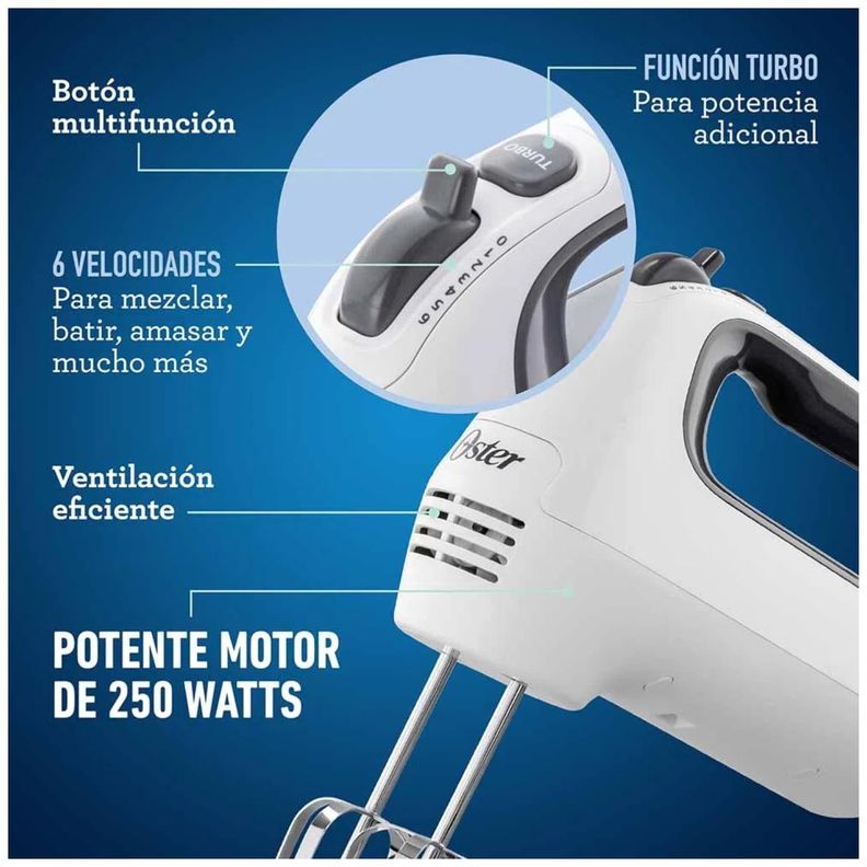 Batidora Electrica De Mano 6V Con Turbo Blanco Oster-4
