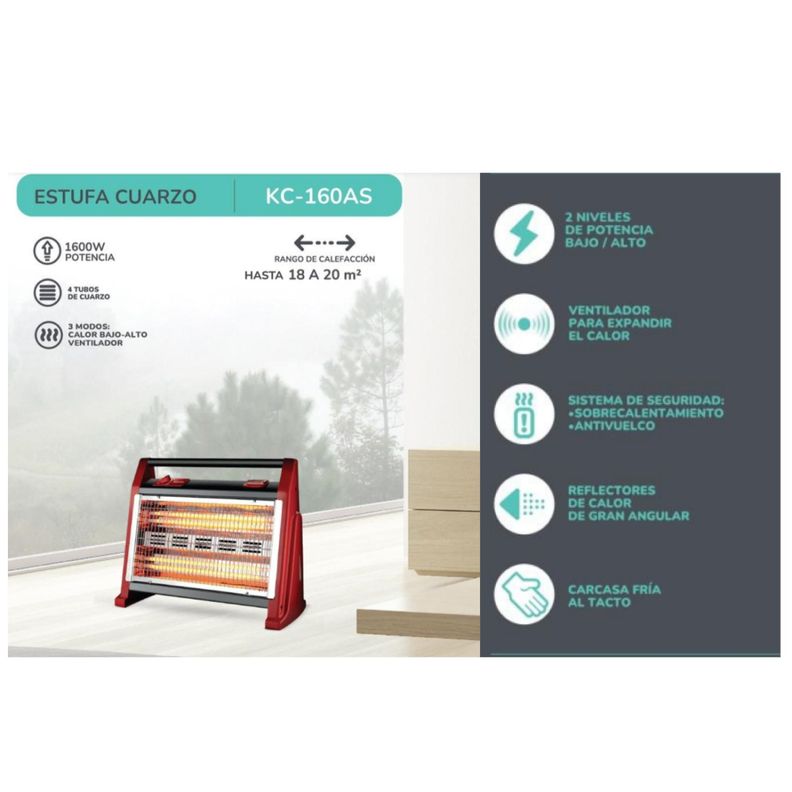 Estufa Calefactor Electrico De Cuarzo 1600W 2N Rojo KC-160AS Kendal-5